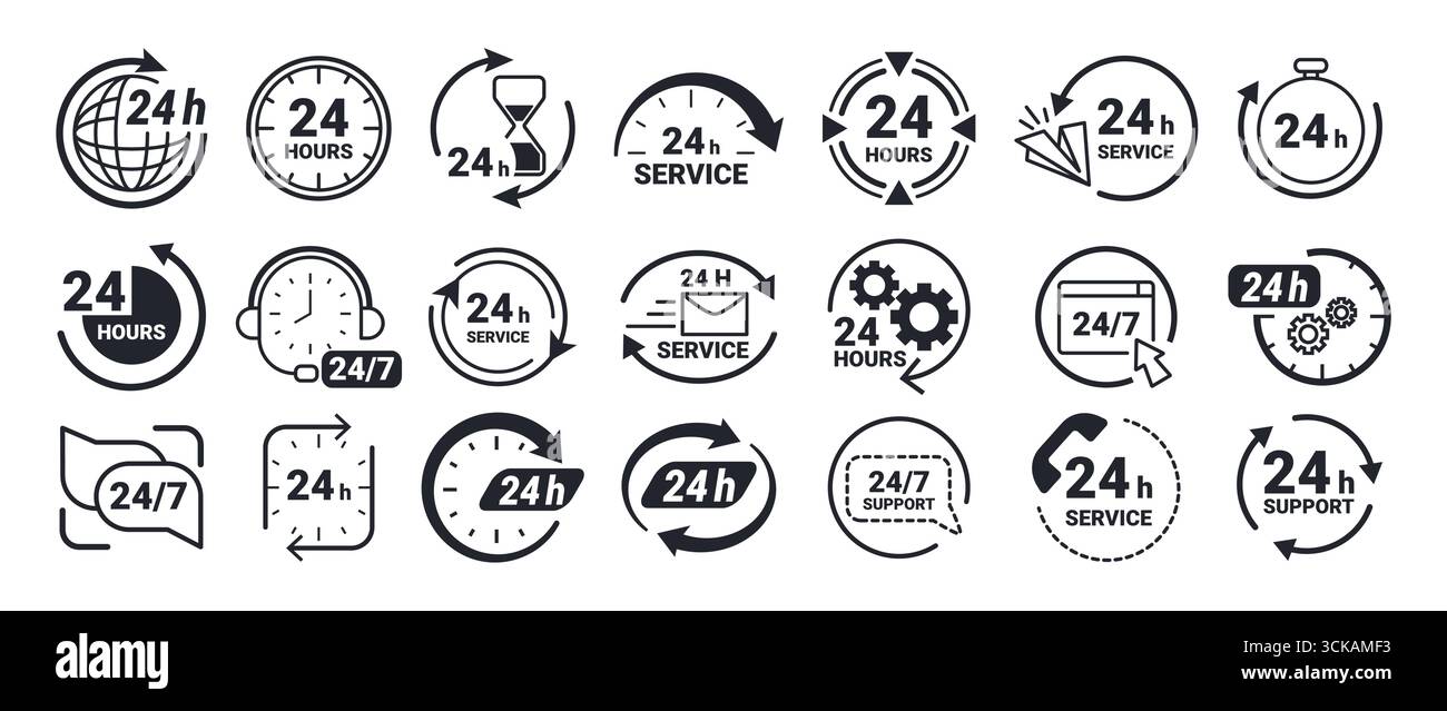 24-Stunden-Symbole. 24 7 Service- und Supportsymbole, ununterbrochene Arbeitszeitaufkleber mit Uhr, Stoppuhr, Kreispfeilen und Getriebesymbolen. Verfügbar Stock Vektor
