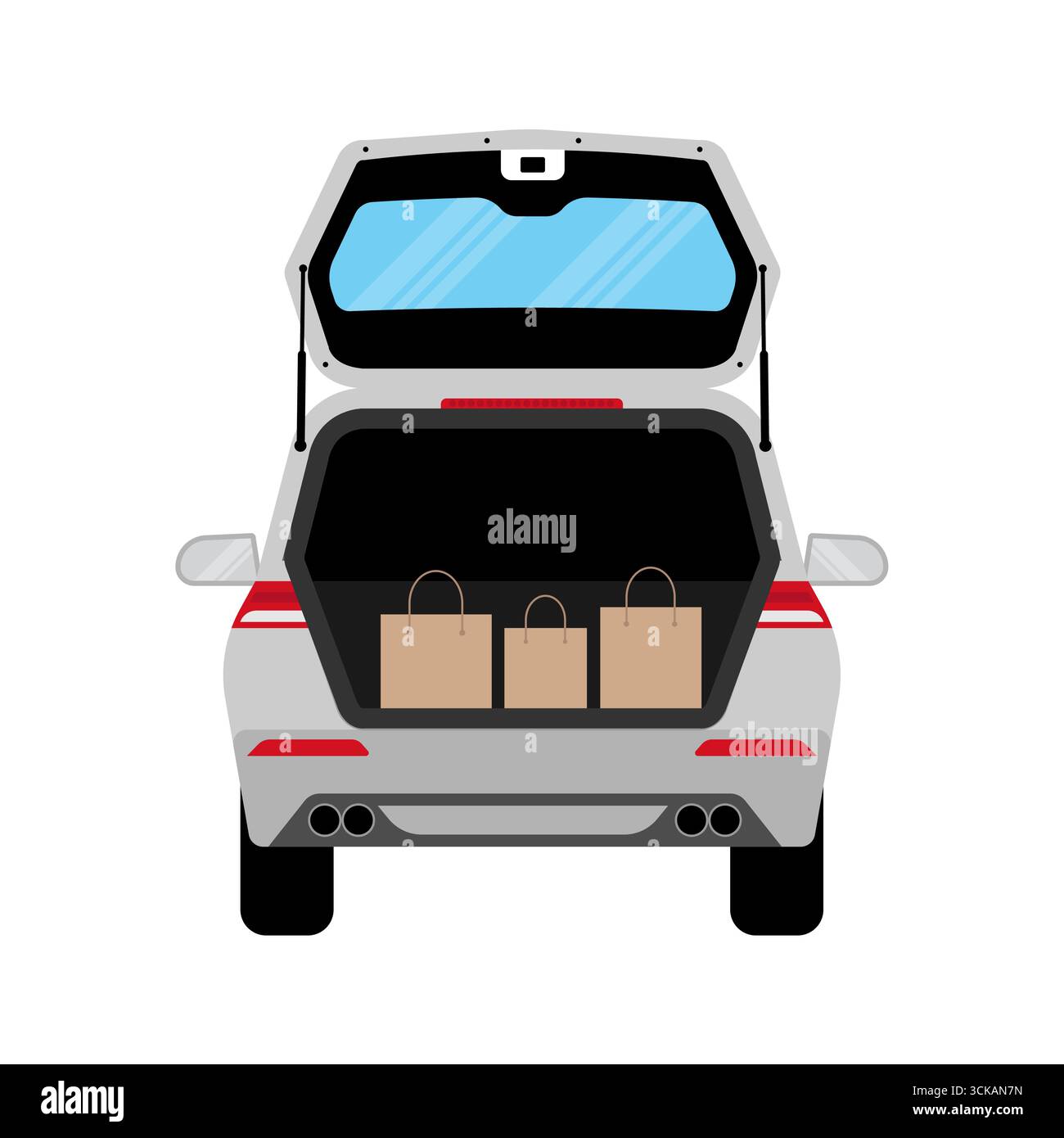 Einkaufstaschen im Kofferraum. Einkaufen im Supermarkt oder 24-Stunden-Geschäft. Einkaufskonzept. Vektorabbildung. Stock Vektor