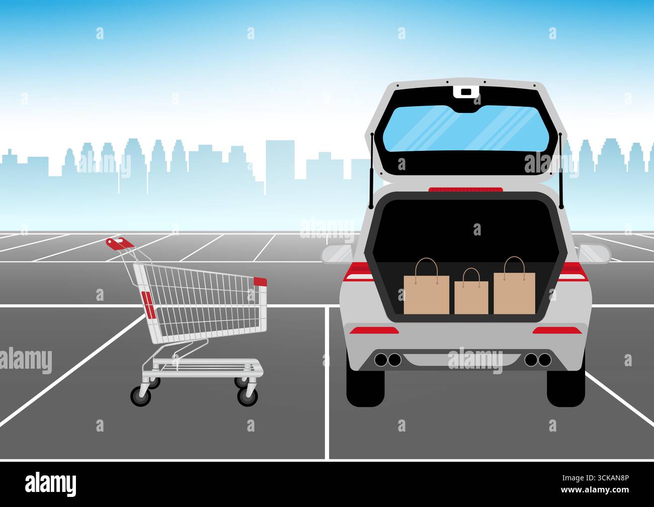 Einkaufstaschen im Kofferraum auf dem Parkplatz. Einkaufen im Supermarkt oder 24-Stunden-Geschäft. Einkaufskonzept. Vektorabbildung. Stock Vektor