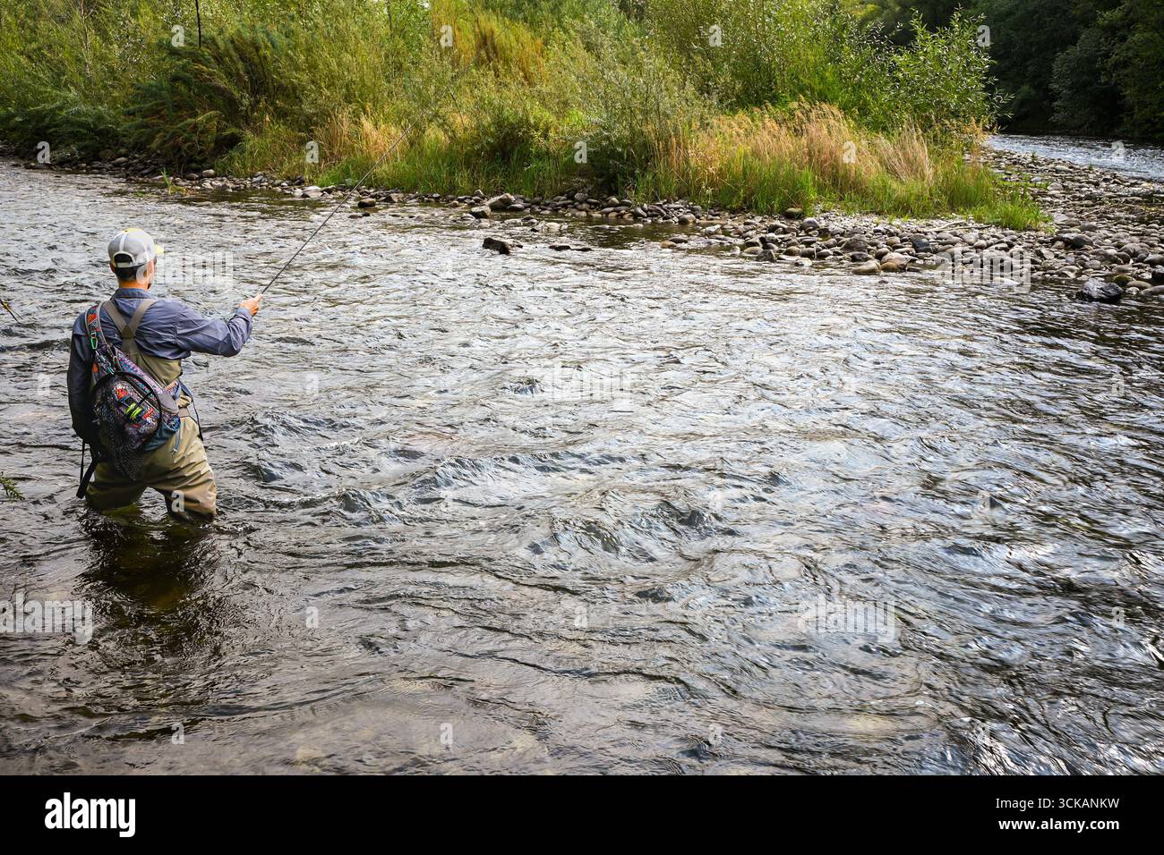 Fischer werfen Angelschnur, während sie in einem Fluss stehen, umgeben von üppigem Grün. Stockfoto