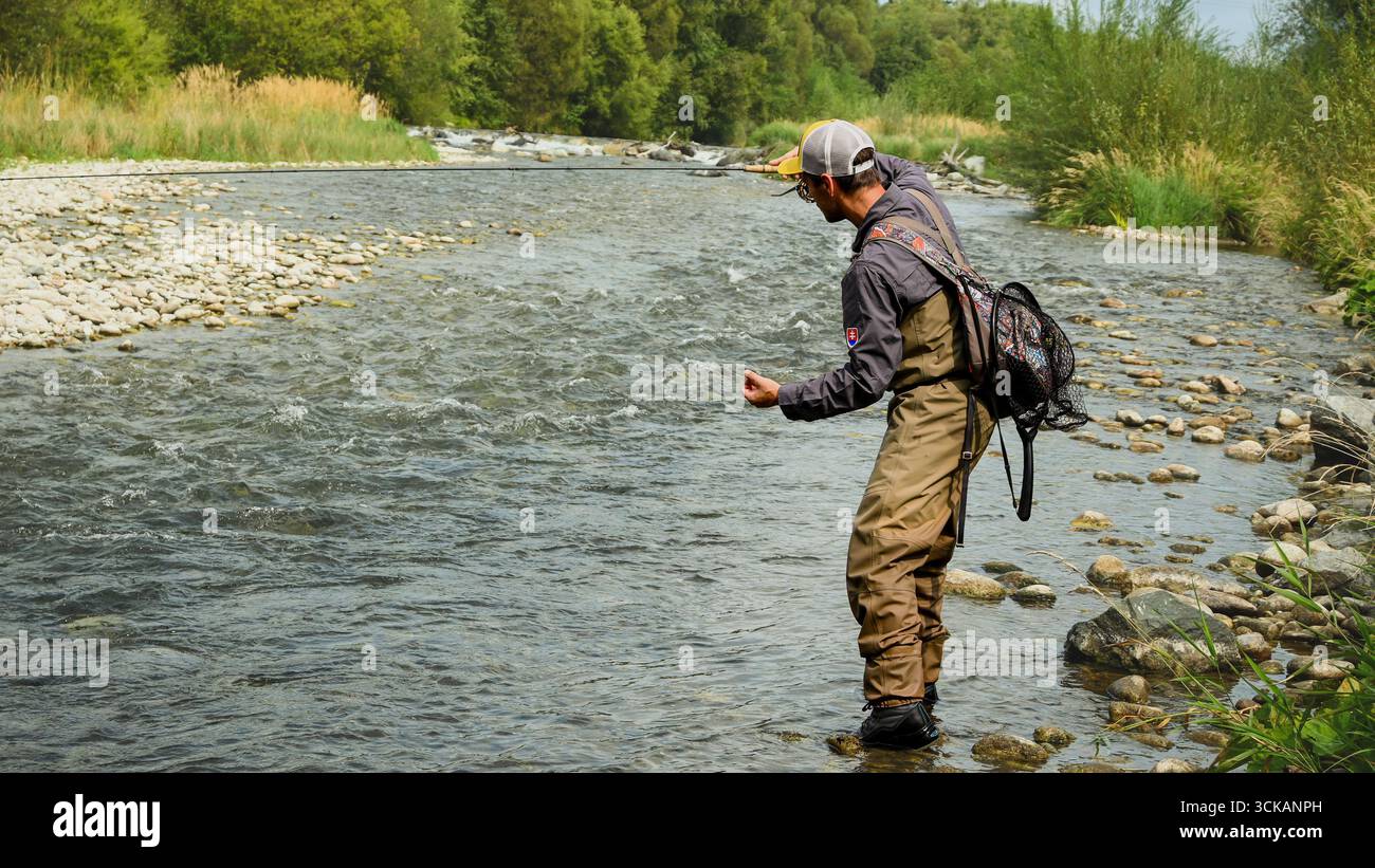 Fischer werfen Angelschnur beim Fliegenfischen in einem unberührten Fluss, umgeben von ruhiger Natur. Stockfoto