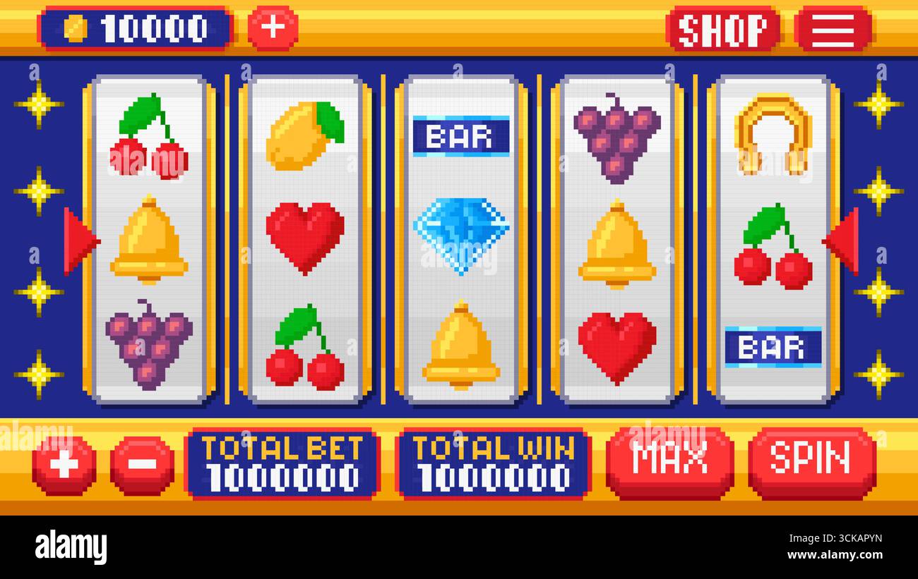 Schnittstelle für Pixel Art Slot. Retro 8-Bit-Slotrollen mit Kirschen, Glocken, Herzen, Trauben, Bar, Diamanten- und Hufeisensymbole. Pixeliger Casino-Ga Stock Vektor