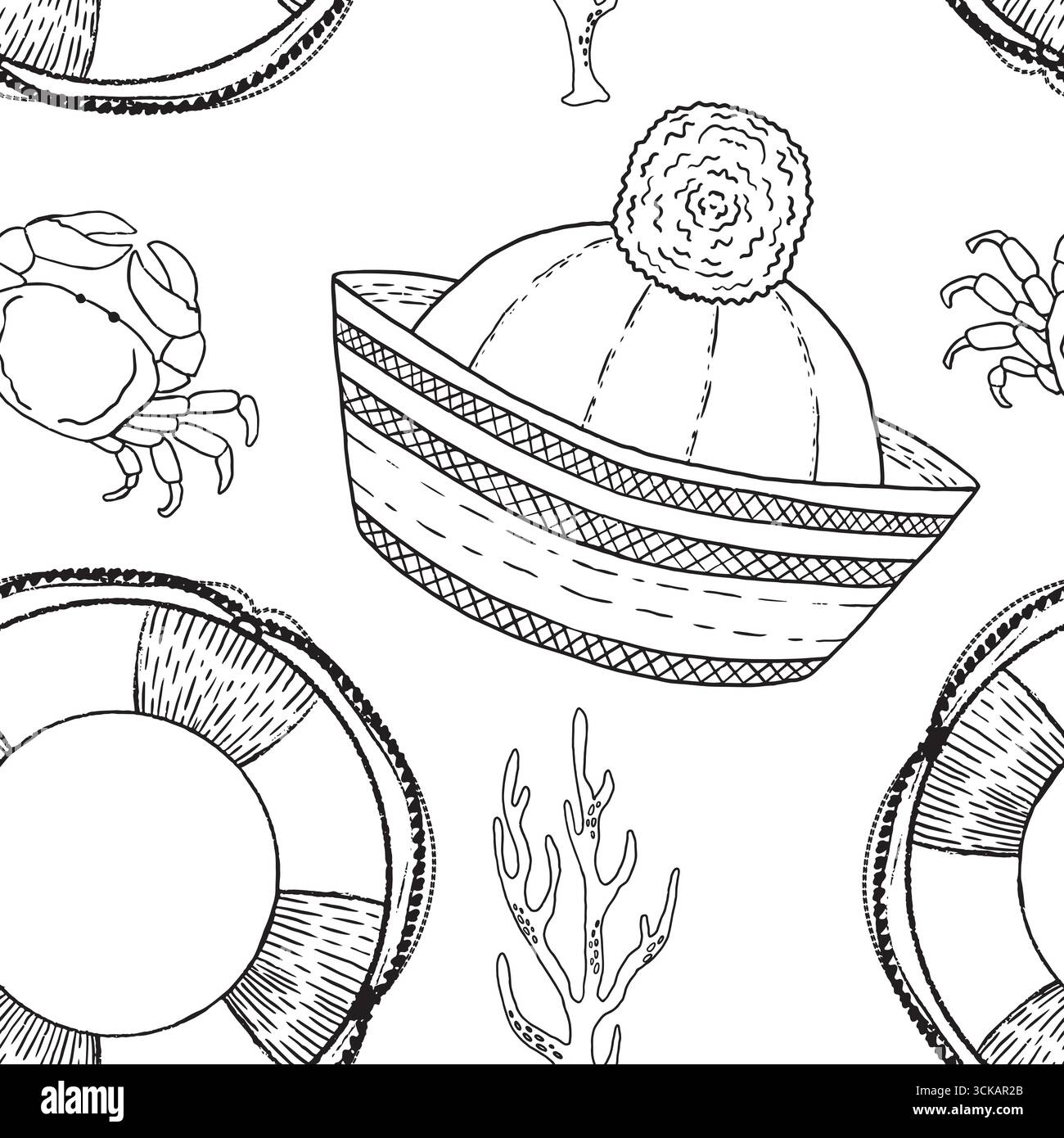 Eine bezaubernde und skurrile Illustration mit verspielten Krabben, lebendigen Hüten und niedlichen Rettungsschirmen. Nahtloses Schwarzweiß-Vektormuster. Stock Vektor