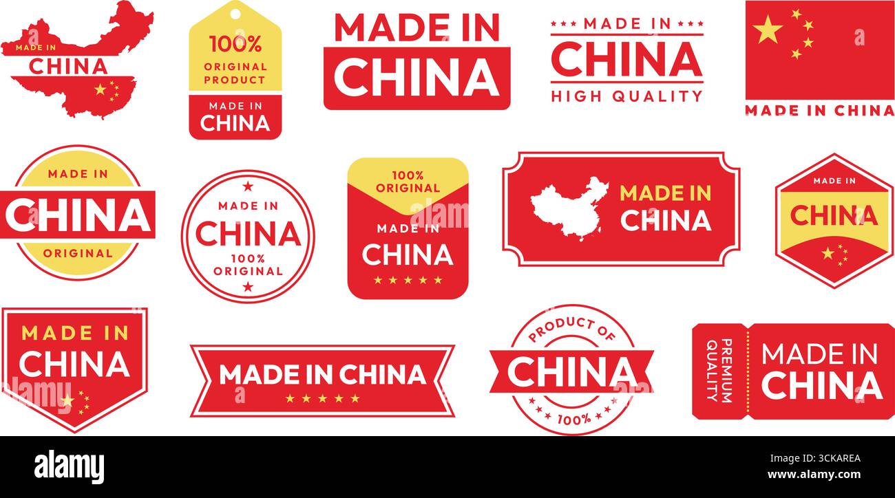 „Made in China“-Etiketten. Produktursprungsabzeichen mit China-Karte und Flaggensymbolen. Chinesische Exportproduktmarken für Verpackungs-Branding-Design, Produkt von Chi Stock Vektor