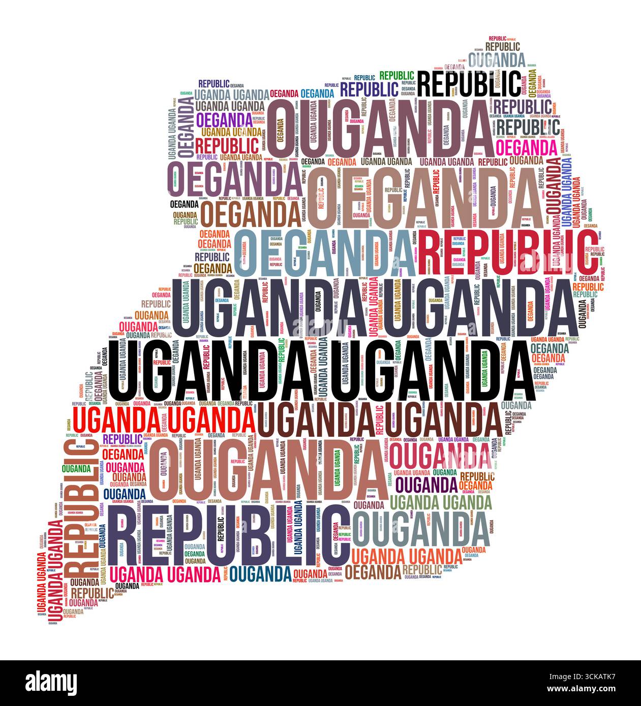 Uganda Country Shape Wortwolke. Typografie-Stil Länderdarstellung. Uganda-Bild im Textwolken-Stil. Vektorabbildung. Stock Vektor