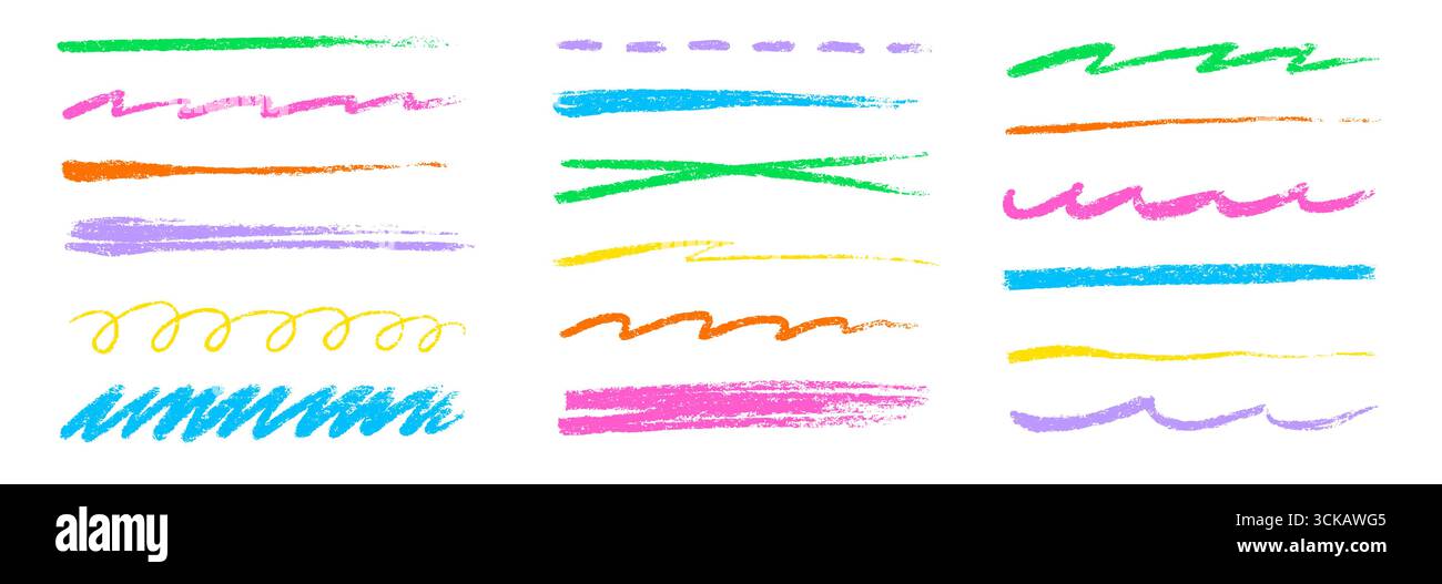 Linie Buntstift Unterstrich Farbsatz. Handgezeichnete bunte Pinsel-, Kreide- und Markierungsstriche im skizzenhaften Kinderstil. Die Struktur des rauen Buntstifts hebt das Trennelement hervor. Vektorabbildung Stock Vektor