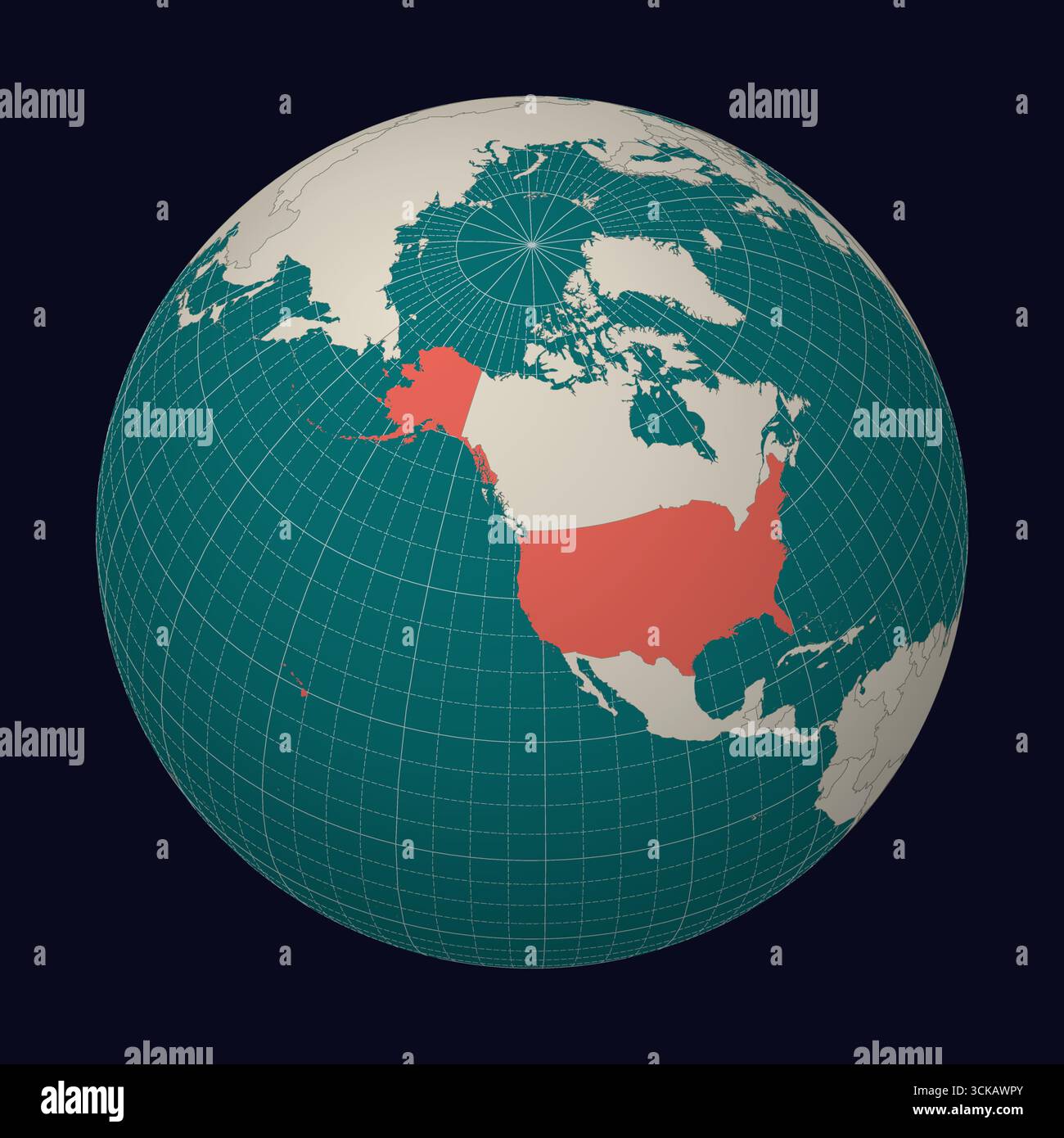 Die Vereinigten Staaten von Amerika auf der Karte. Globus mit Fokus auf die USA. Land auf der Weltkarte. Farbpalette Teal Pale Mint. Stock Vektor