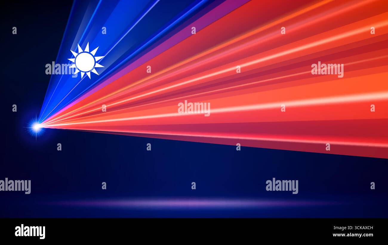 Laserflagge von taiwan. Lasershow auf dunkelblauem Hintergrund. Abstrakte taiwanesische Nationalflagge. Mehrfarbige Vorlage für Banner, Poster für Nationalfeiertag Stock Vektor