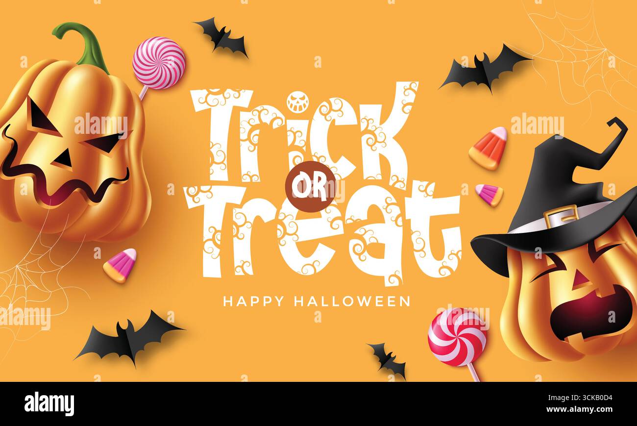 Verspielte Halloween-Design-Vorlage mit Kürbissen, Süßigkeiten, Fledermäusen, Hexenhut und Lutscher auf orangem Hintergrund. Perfekt für Partykarten, Saisonflyer, Stock Vektor