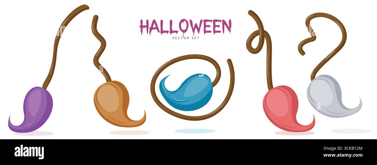 Halloween-Besen in lila, orange, blau, rosa und grau mit verdrehten Griffen. Perfekt für fröhliche Halloween-Grüße, Trick-or-Treat-Karten, gruselige T Stock Vektor
