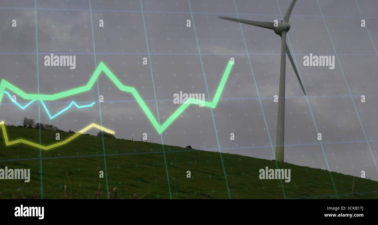 Stehende Turbine mit 3 Blättern auf einem grasbewachsenen, buschigen Hügel mit blauem Raster und Liniendiagramm, Kopierraum Stockfoto