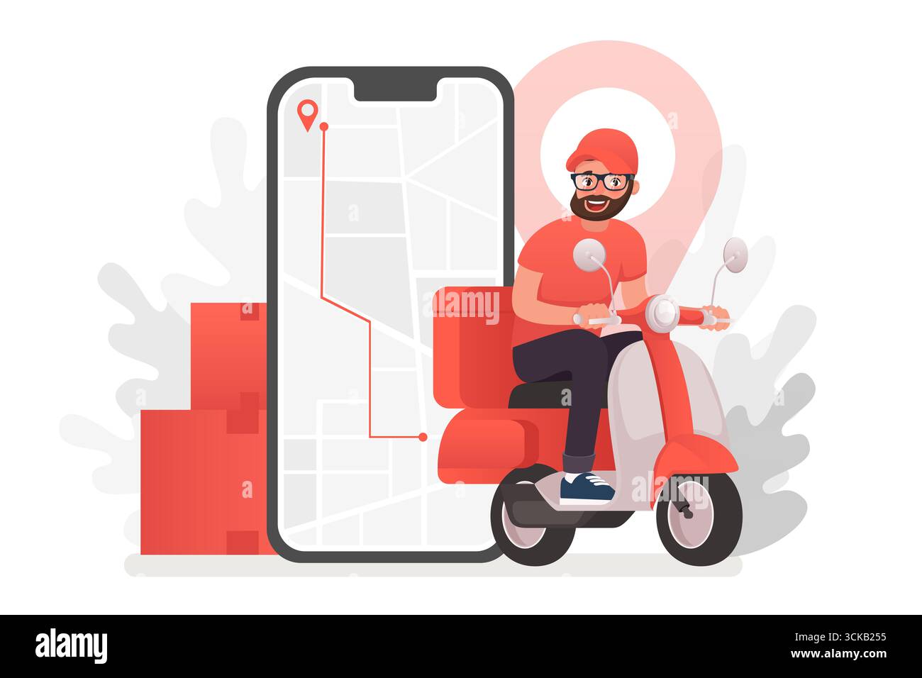 Roller mit Liefermann flacher Vektor-Cartoon-Charakter. Schneller Kurier. Gastronomie im Restaurant, Postzustellung, Postangestellter die Determina Stockfoto