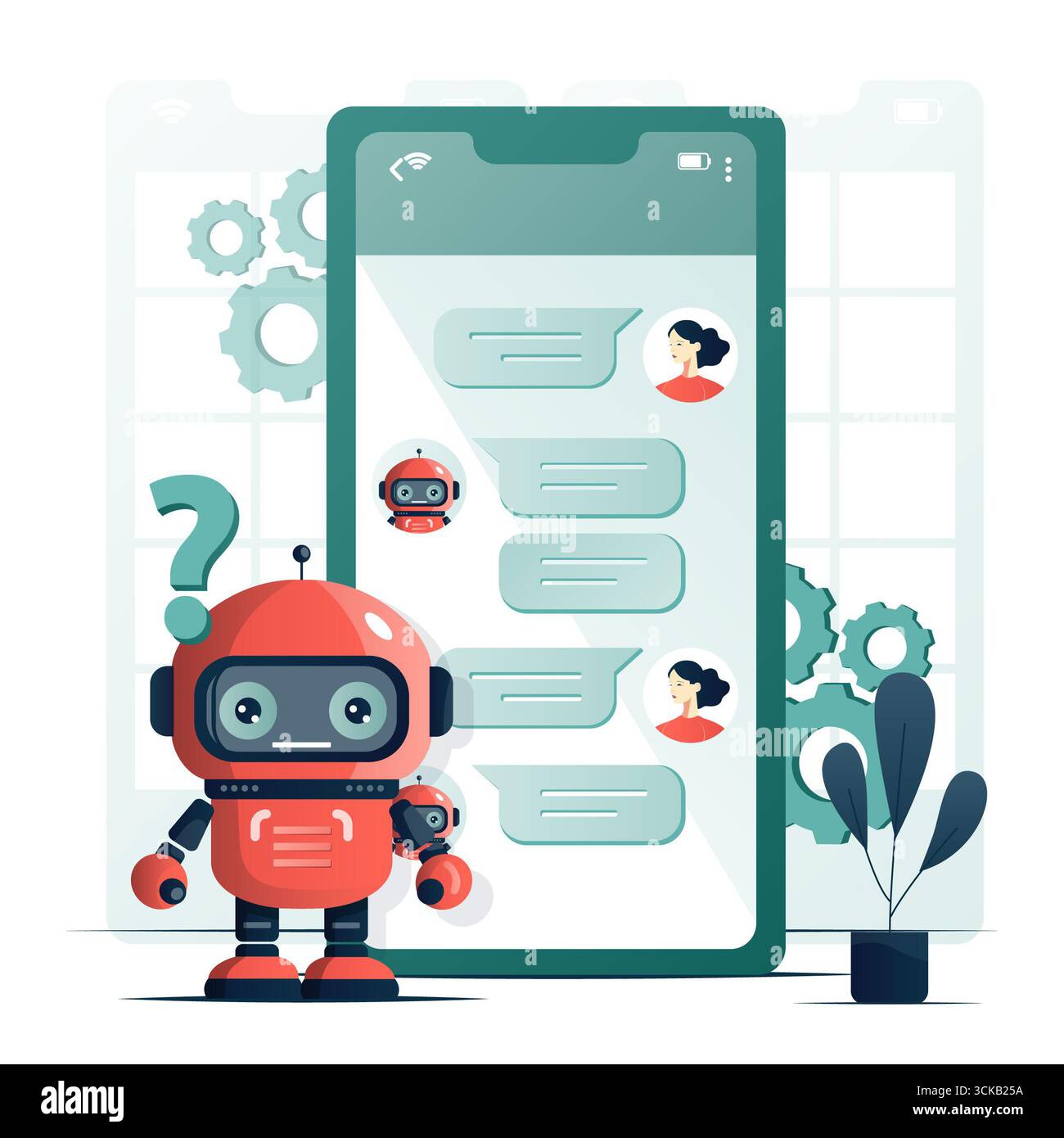 Frau, die mit Chatbot plaudert und Ai-Roboter-Assistent kommuniziert Stockfoto