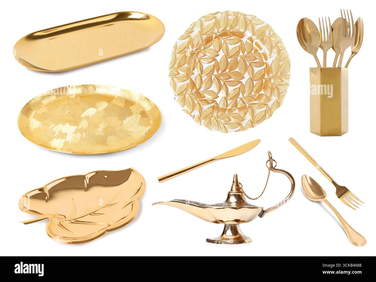 Verschiedene goldene Objekte isoliert auf weiß, gesetzt Stockfoto