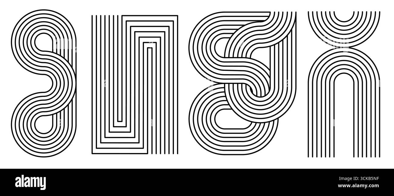 Geometrische Muster im Regenbogenbogen mit geschwungenen Streifen, rechteckigen Rahmen und wellenförmigen Formen für minimalistisches Design. Abstrakte monochrome Formen mit parallelen Linien und fließenden Bögen für moderne Drucke. Stock Vektor