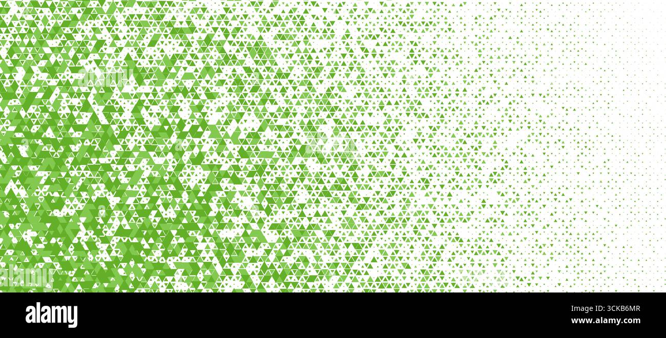 Grünes Dreieck-Mosaik, Halbtonverbund links rechts, frischer Öko-Vibe. Dreieckige Tessellierung, Nachhaltigkeitsthema. Verwenden Sie Hintergrund, Banner, Website, UI Stock Vektor