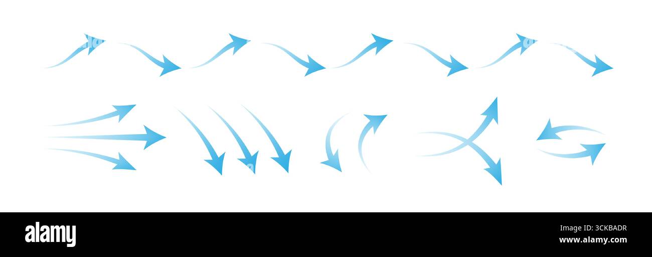 Dynamische Luftzirkulation mit Pfeilen für Belüftung und Bewegungsgrafiken. Blaue, gekrümmte Zeiger in verschiedene Richtungen mit Streamingpfaden. Symbole für die Windumwälzung für technische Schaltpläne. Stock Vektor