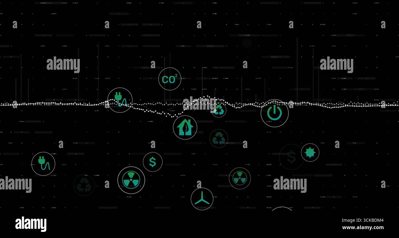 Anzeige einer gepunkteten Kurvenlinie, die sich über das digitale Armaturenbrett bewegt, mit grünen Energiesymbolen. Technologie, Daten, Innovation, Nachhaltigkeit, Zukunft Stockfoto