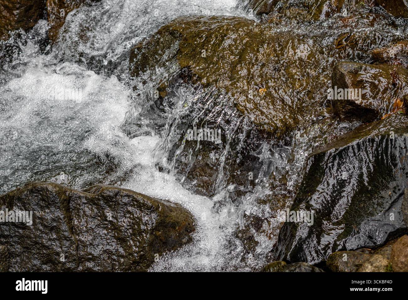 Nahaufnahme eines kleinen Wasserfalls, der über Felsen stürzt. Stockfoto