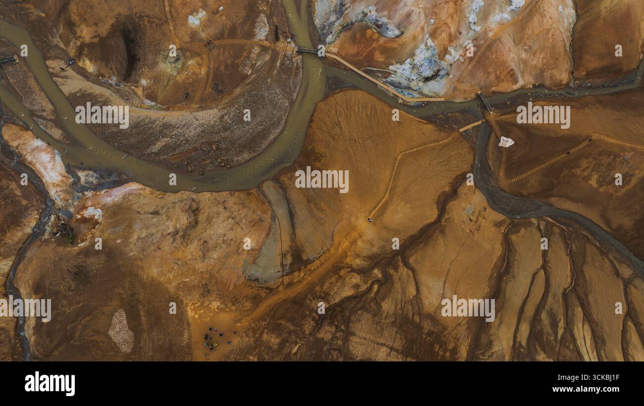 Luftbild des geothermischen Gebiets von Hverir mit orangefarbenem und braunem Gelände, Dampfdüsen, schlammigen Bächen, Holzwegen und Minerallagerstätten. Stockfoto
