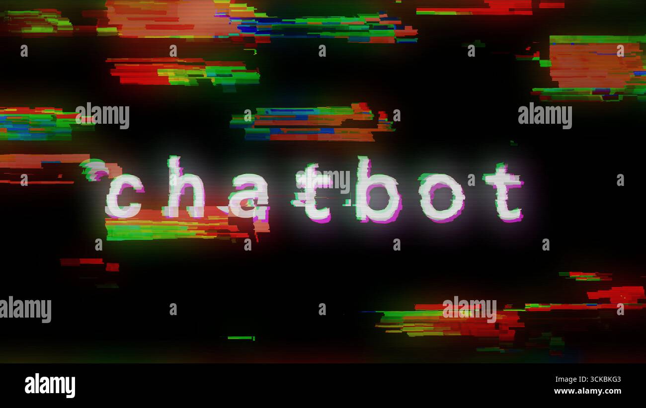 Chatbot künstliche Intelligenz Online-Texteingabe auf dem Bildschirm. Suche mit Pixeln im Retro-Monitor mit Störgeräuschen und Störgeräuschen Stockfoto