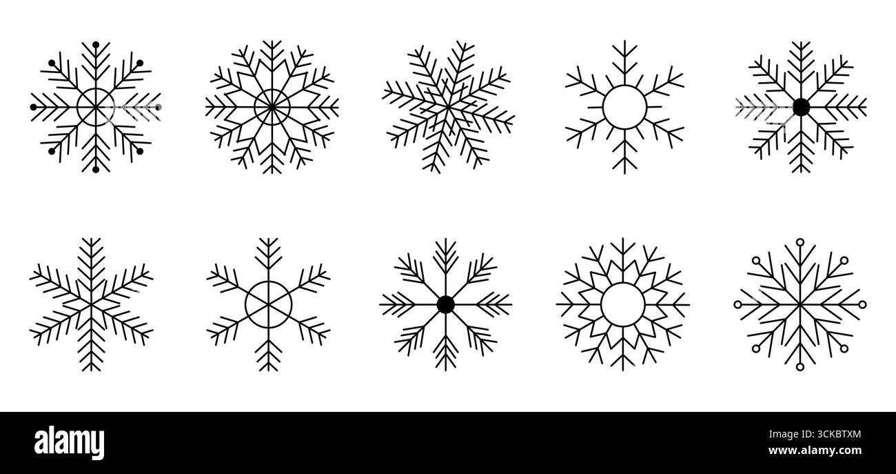 Niedliche Schneeflocken-Sammlung isoliert auf weißem Hintergrund. Flache Schneeklikonen, Silhouette. Schönes Element für Weihnachtsbanner, Karten. Stock Vektor