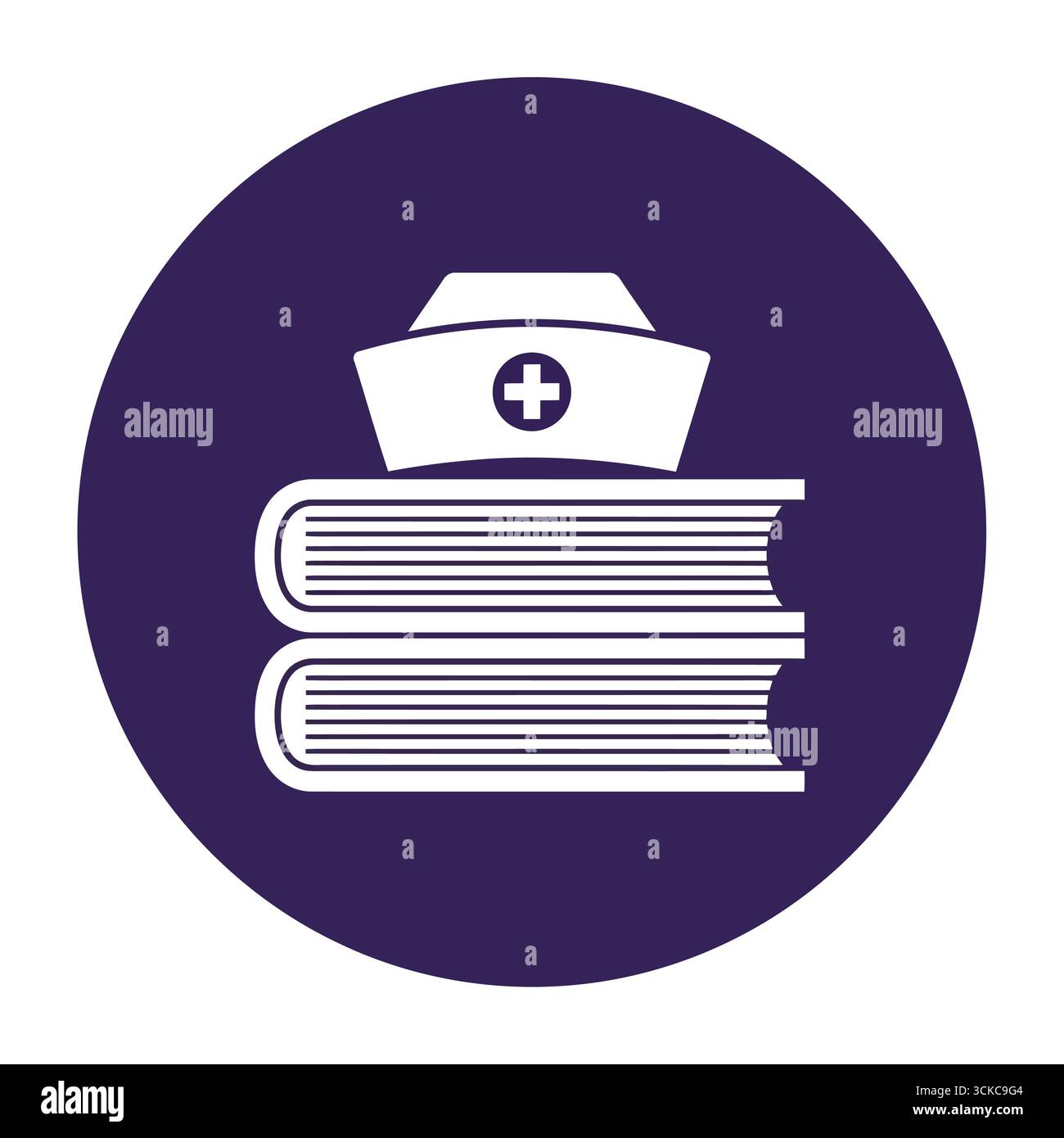 Vektorkunst des Schwesternhutes auf Büchern, die medizinische Ausbildung, Gesundheitswissen und den Pflegeberuf in einem kreisförmigen Design symbolisieren Stock Vektor