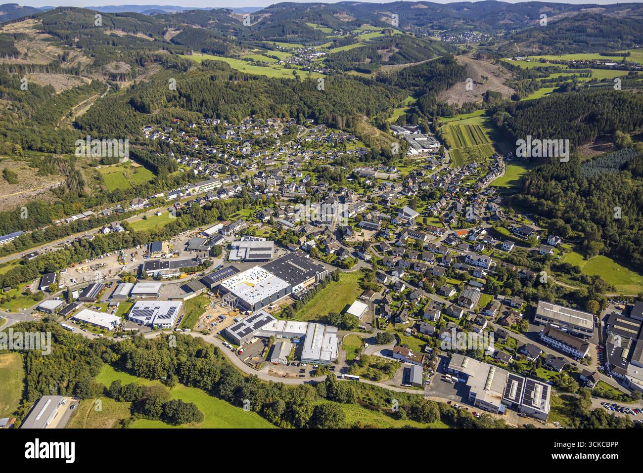 Luftaufnahme, Gewerbegebiet Herrntrop Wuerdinghausen, Baustelle Hensel Kunststofftechnik mit Erweiterung, Waldfläche mit Waldschäden, Ki Stockfoto