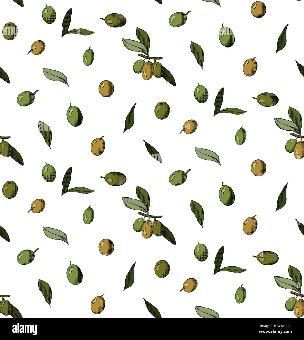 Zweige mit nahtlosem Olivenmuster. Hintergrund olivreifer schwarzer und grüner Früchte. Branding-Konzept für Olivenölunternehmen, ökologisch, umweltfreundlich Stock Vektor