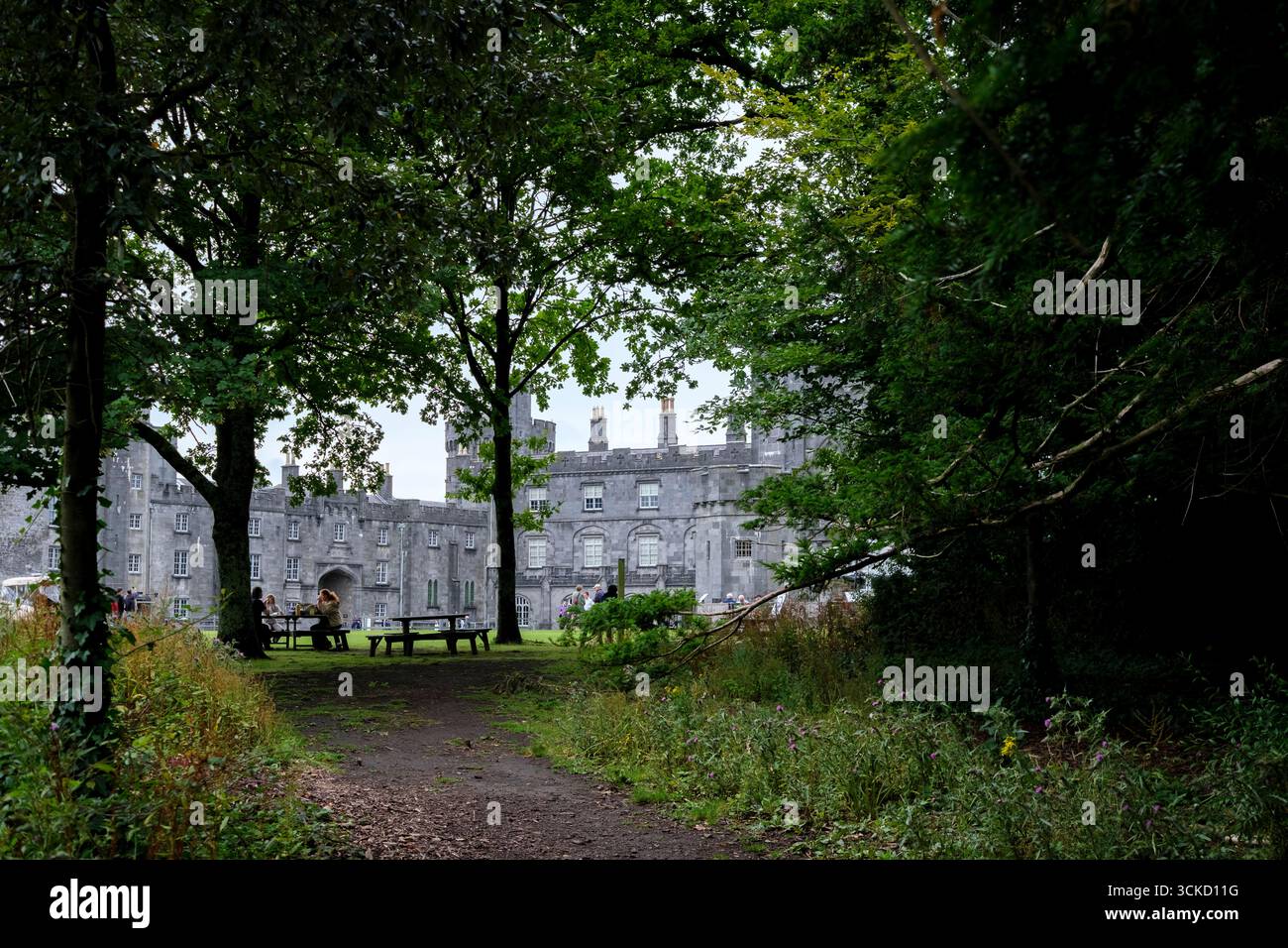 Eine wunderschöne Gartenszene mit lebhaftem Herbstlaub vor dem Hintergrund einer alten irischen Burg. Beschauliche Wanderwege laden zum Erkunden ein Stockfoto