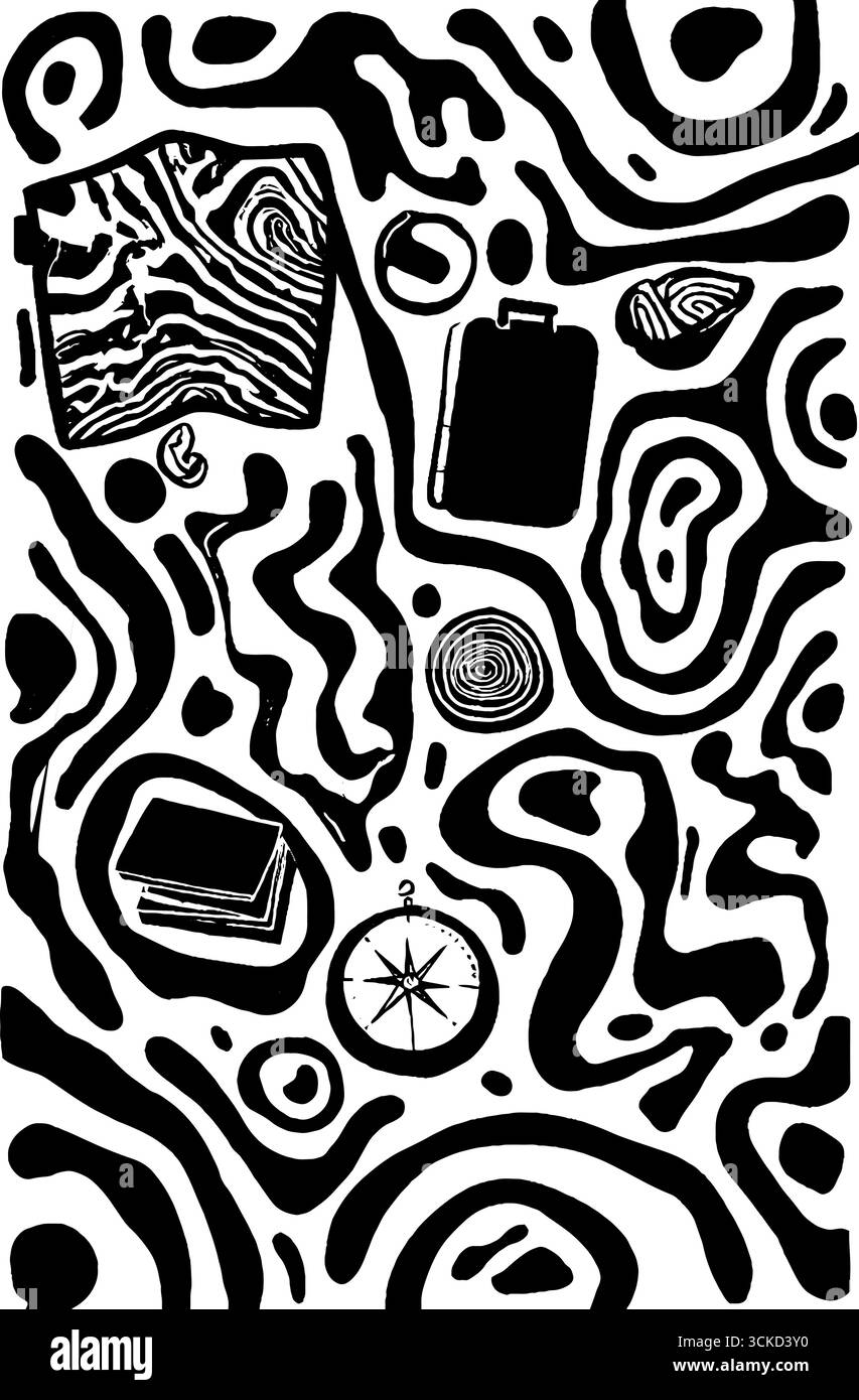 Stilvolles Muster mit schwarzen und weißen Reisesykonen für Abenteuer-Designs. Stock Vektor