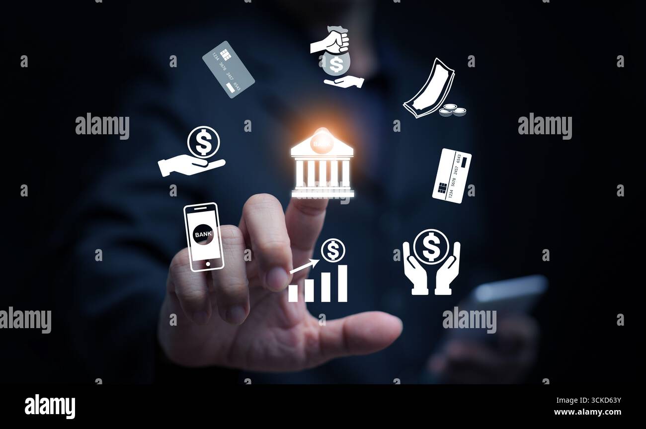 Digitales Banking-Konzept mit virtuellen Finanzsymbolen, mobiler App, Kreditkarte, Einsparungen, Investition, und Online-Transaktionen, die Fintech und Mod repräsentieren Stockfoto