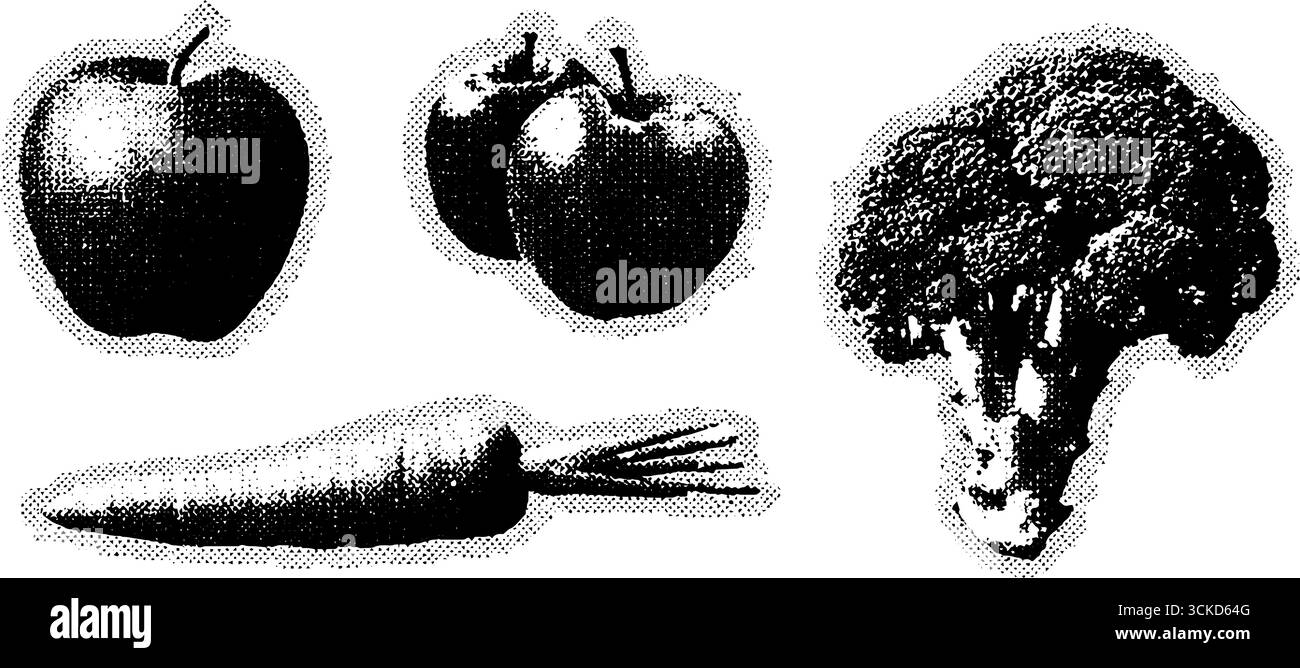 Vintage-Halbtoncollage aus Äpfeln, Karotten und Brokkoli für kreative Designprojekte. Stock Vektor
