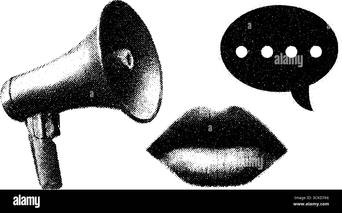Retro-Halbton-Megaphon und Lippen-Collage für kreative Designprojekte. Stock Vektor