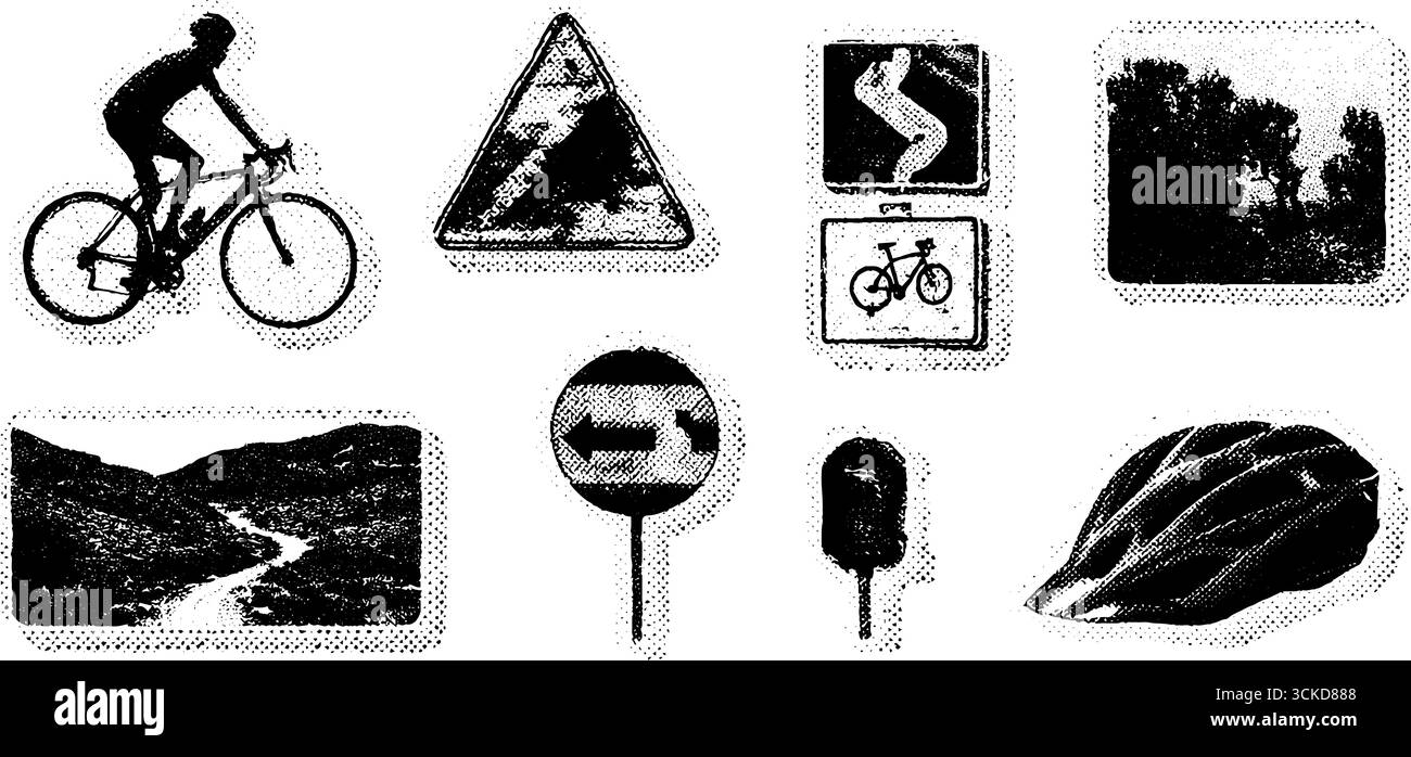 Halbton-Illustrationsset mit Mountainbike-Abenteuerelementen für kreatives Design. Stock Vektor