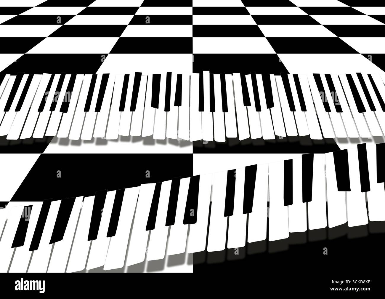 Das Schwarz-weiß einer Klaviertastatur ist auf einem schwarz-weiß karierten Hintergrund in einer 3D-Illustration zu sehen. Stockfoto