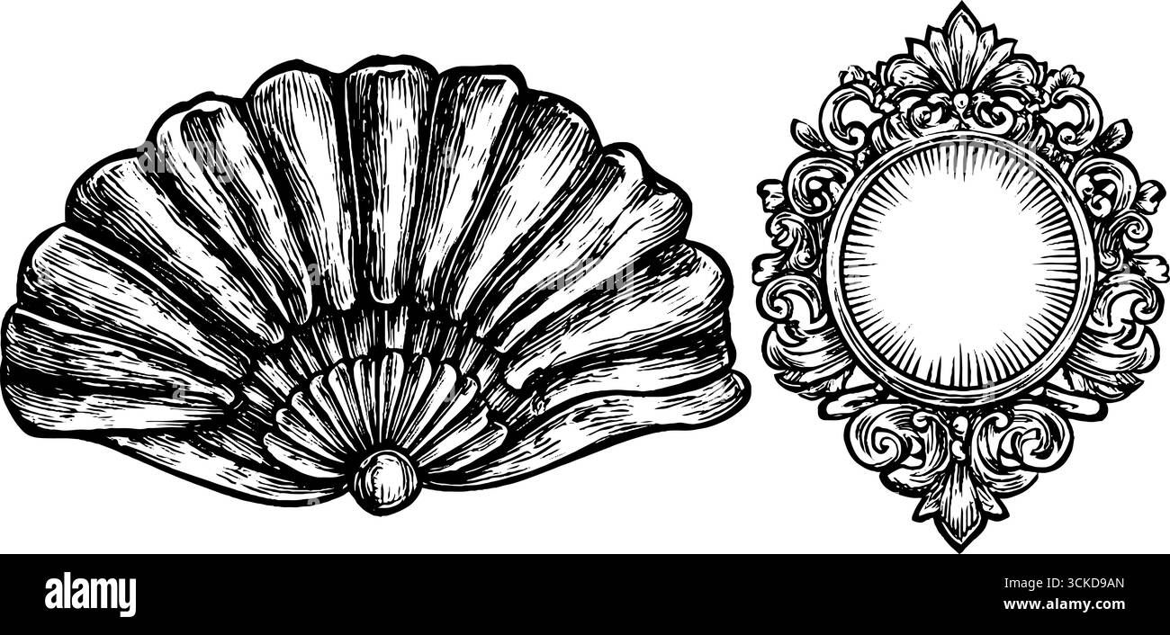 Eleganter Art déco-Ventilator und Sonnenschliff-Stich für Vintage-Dekor. Stock Vektor