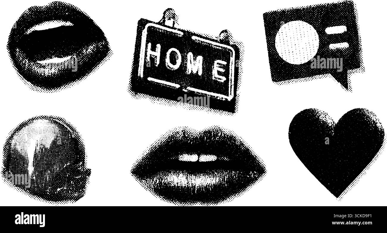 Retro-Neonzeichen im Halbton und Symbolen für kreative Designprojekte. Stock Vektor