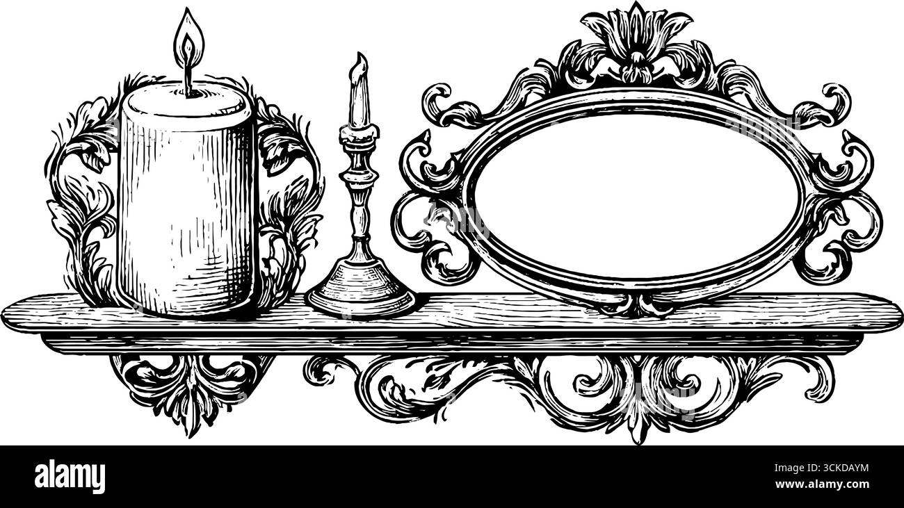 Vintage-Spiegel und Regal mit Kerzenständer - Design für Retro-Dekor und Poster-Kunst. Stock Vektor