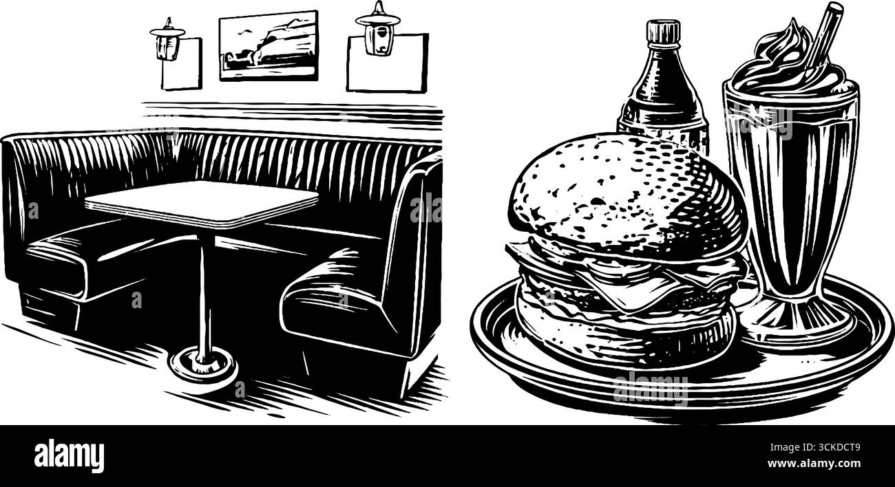 amerikanischer Vintage-Diner-Stand mit klassischer Essensskizze für Retro-Design-Projekte. Stock Vektor