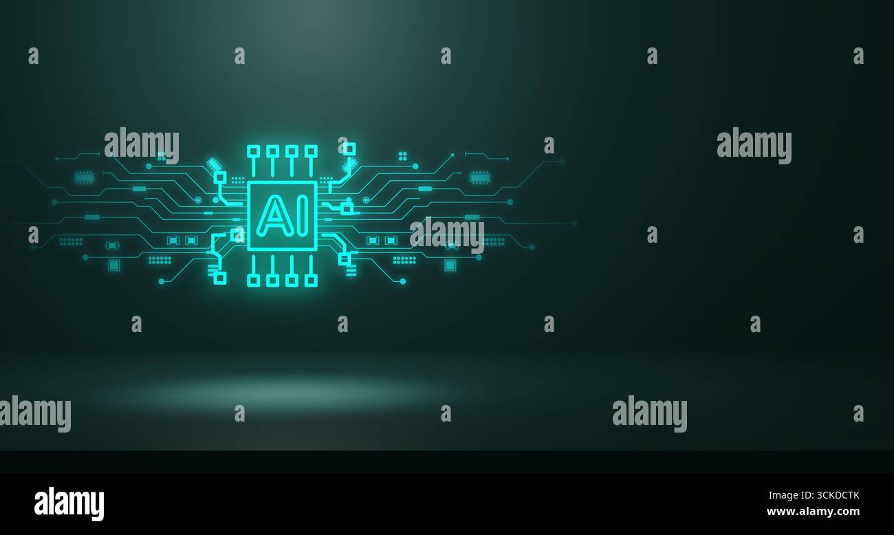 Leuchtender futuristischer KI-Prozessorchip mit integrierten Schaltmustern auf dunklem Hintergrund, der künstliche Intelligenz, maschinelles Lernen und Dee symbolisiert Stockfoto