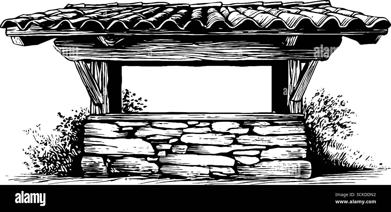 Gravierte Illustration eines traditionellen balkansteinhauses für Retro-Design und Dekoration. Stock Vektor