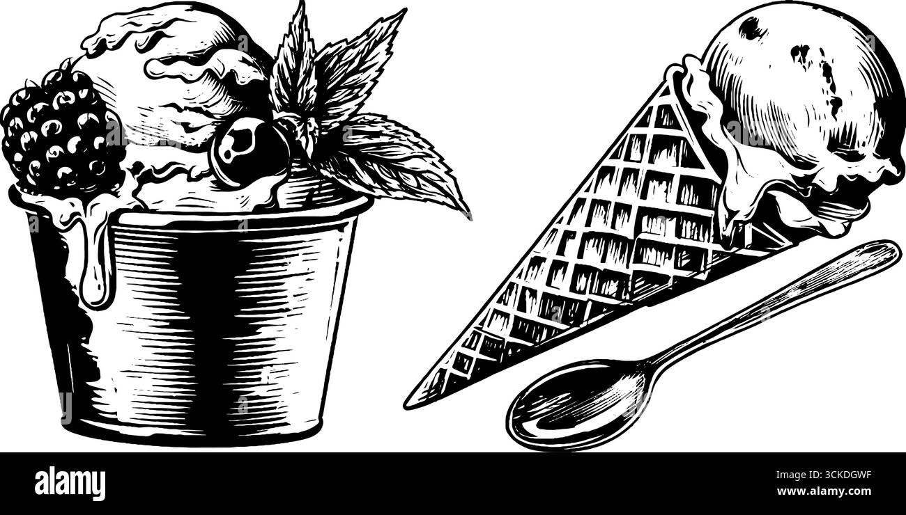 Vintage-Eis- und Waffelkegel-Skizze für Dessertdesign. Stock Vektor