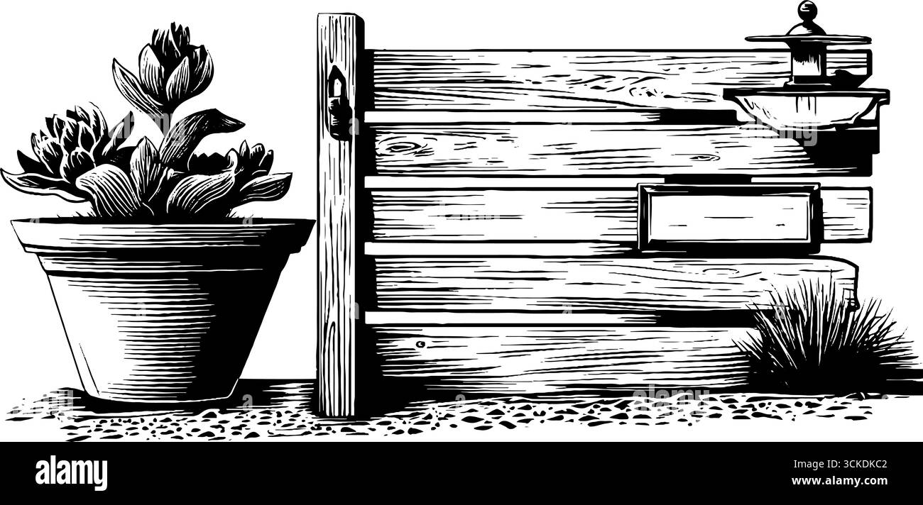 Gravierte Illustration eines minimalistischen Beton-Sets mit Topf- und Holzelementen für Retro-Art-Design. Stock Vektor