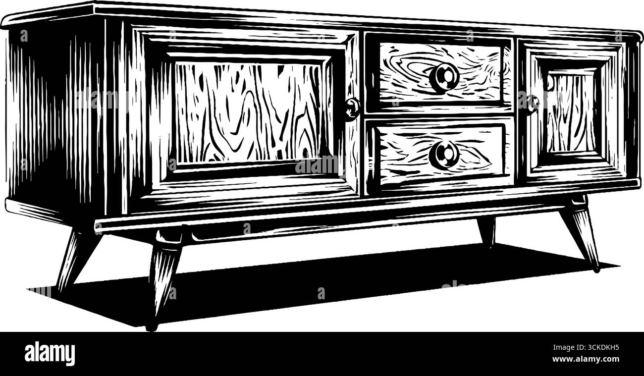 Mid Century Sideboard Illustrationsset für Retro-Innenarchitektur. Stock Vektor