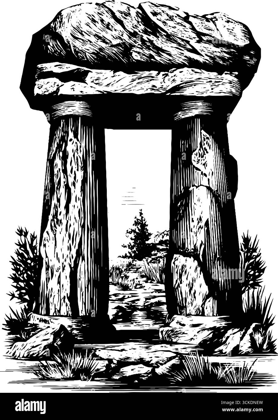 Rituelles Steintor-Illustrationsset - altes monolithisches archäologisches Design für Poster oder Karten. Stock Vektor
