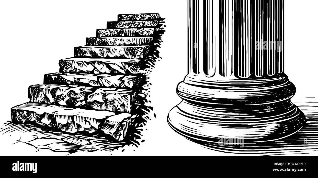 Handgezeichnete Vintage-Gravur von spiralförmiger Steintreppe und Säulenfuß für architektonisches Design. Stock Vektor