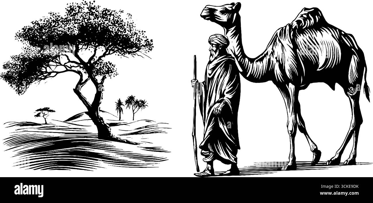 Gravierte Illustration Set aus Wüstenmirage mit Kamel- und Baumsilhouetten. Stock Vektor
