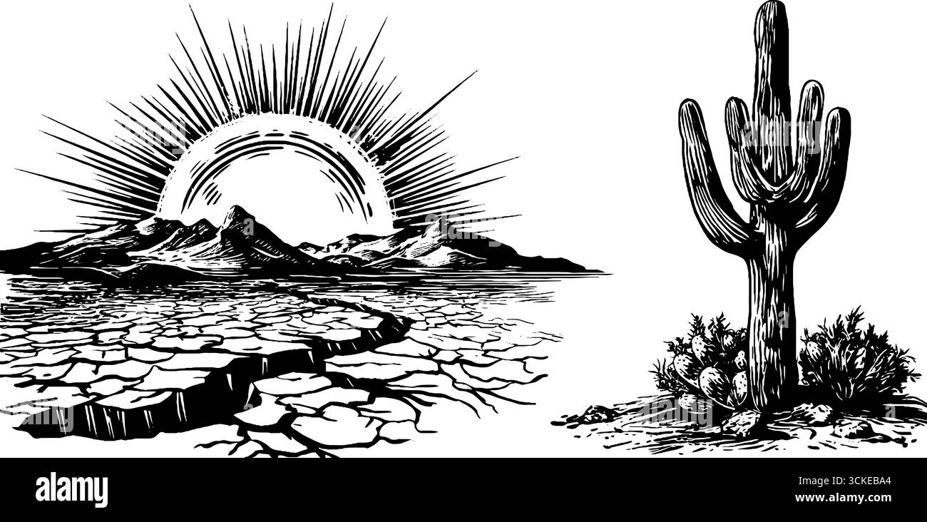 Gravierte Sonnen- und Wüstenlandschaft mit Kakteen für Retro-Design. Stock Vektor