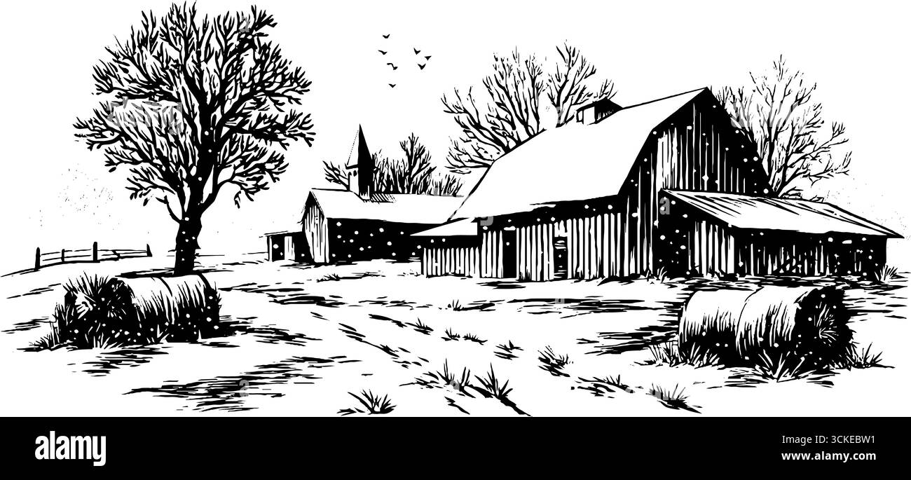 Eingravierte Winterfarm-Szene mit Schneefall für saisonale Designs. Stock Vektor